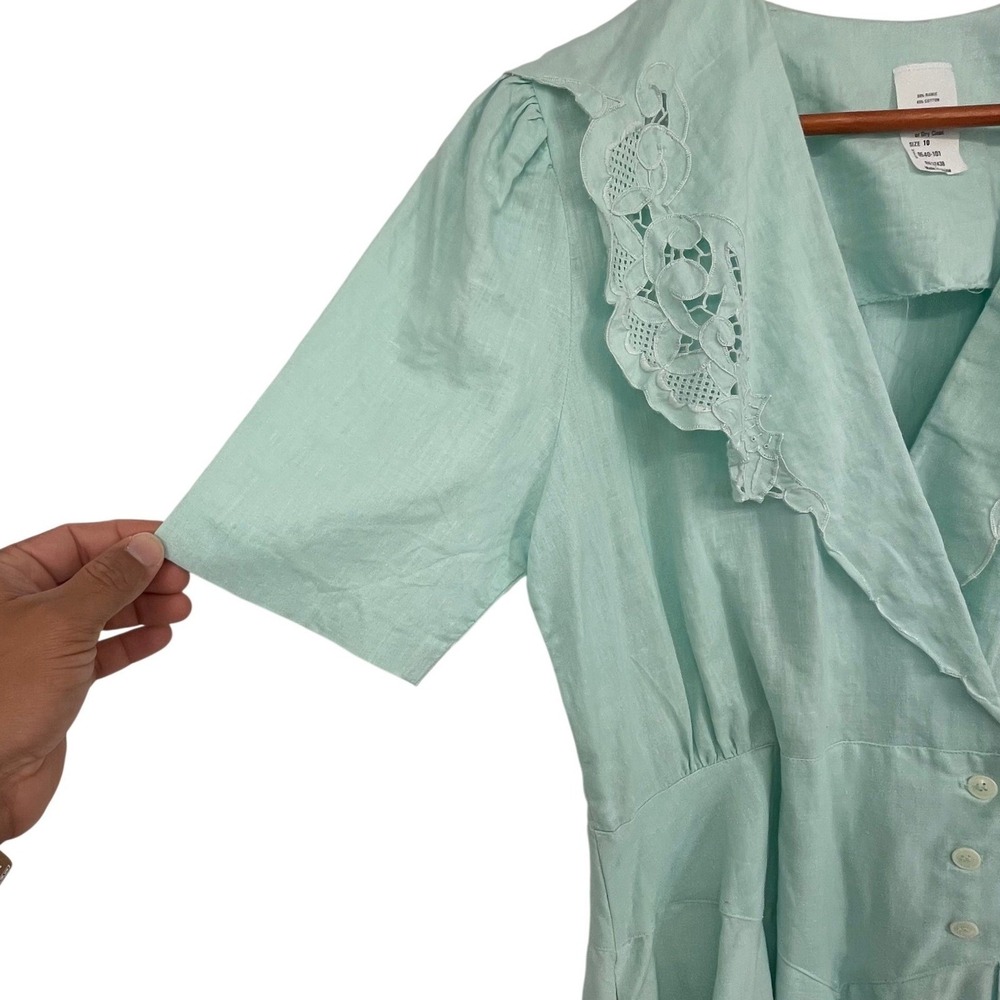 Vintage Y2K Light Mint Green Button Front Eyelet Collar Dress Size 10 Feminine - Picture 3 of 15